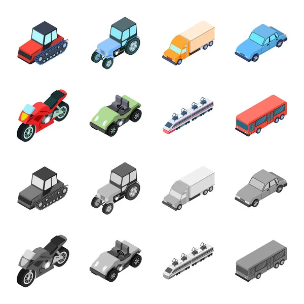 Motor, golfkar, trein, bus. Transportset collectie iconen in de tekenfilm, zwart-wit stijl vector symbool stock illustratie web. — Stockvector