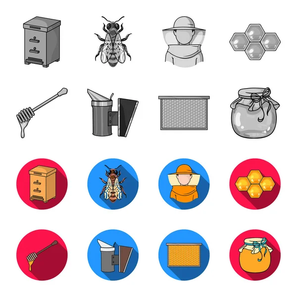 Bir çerçeve peteğin, bir kepçe bal, arıların gelen bir fumigator, bir kavanoz bal ile. Arı kovanı toplama simgeler tek renkli, düz stil vektör simge stok çizim web ayarla..
