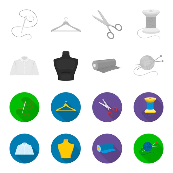 A man shirt, a mannequin, a roll of fabric, a ball of threads and knitting needles.Atelier set collection icons in monochrome,flat style vector symbol stock illustration web. — Stock Vector