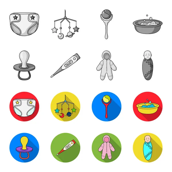 Emzik, elektronik termometre, Çocuk tulumları, çocuk bezi. Bebek set simgeler tek renkli, düz stil vektör simge stok çizim web tarihi..