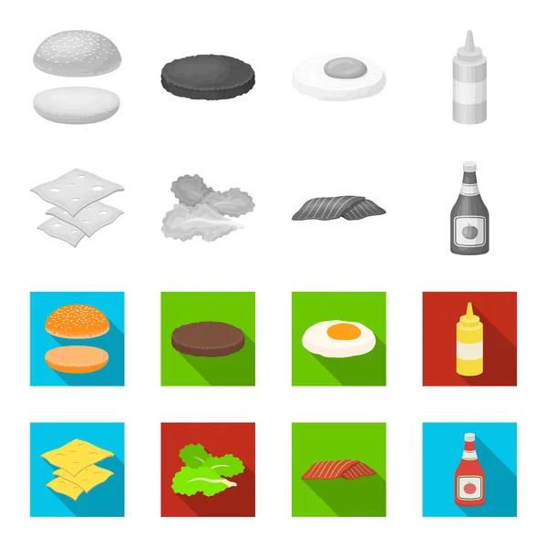 Burgare och ingredienser monokrom, platt ikoner i set samling för design. Burger matlagning vektor symbol lager web illustration. — Stock vektor