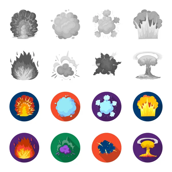 Alevi, kıvılcım, hidrojen parçaları, atom veya gaz patlaması. Patlamalar toplama simgeler tek renkli, düz stil vektör simge stok çizim web ayarla..