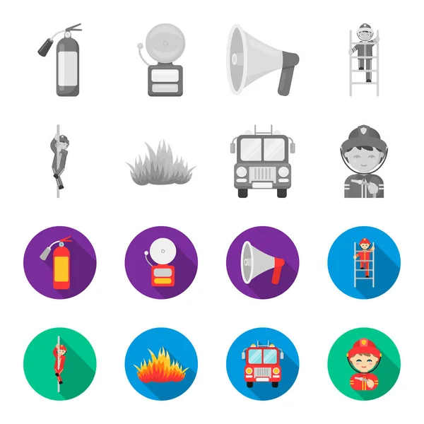 Pompiere, pompiere, camion dei pompieri. Set antincendio icone di raccolta in monocromatico, stile piatto simbolo vettoriale stock illustrazione web . — Vettoriale Stock