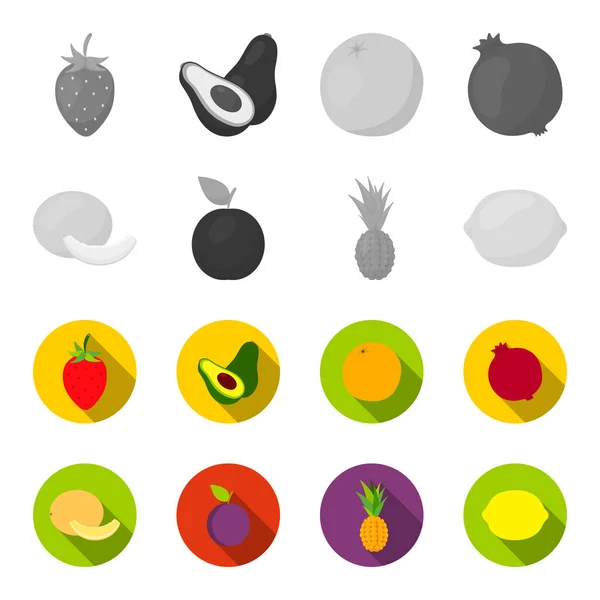 Melón, ciruela, piña, limón.Iconos de colección de conjuntos de frutas en monocromo, vector de estilo plano símbolo stock illustration web . — Vector de stock