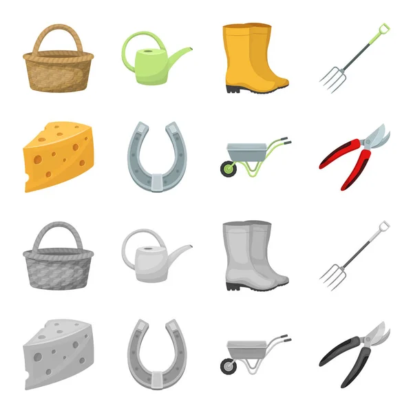 Cheese with holes, a trolley for agricultural work, a horseshoe made of metal, a pruner for cutting trees, shrubs. Farm and gardening set collection icons in cartoon,monochrome style vector symbol Royalty Free Stock Vectors