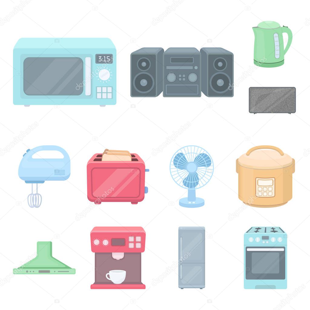 Types of household appliances cartoon icons in set collection for design.Kitchen equipment vector symbol stock  illustration.