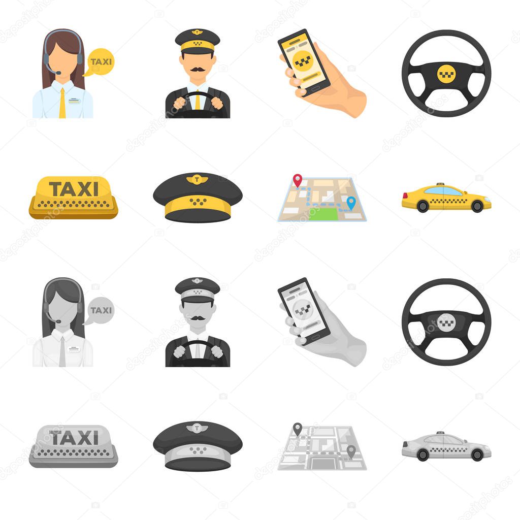 Yellow taxi inscription, a cap with a taxi badge, a map with a mark, a car with checkers. Taxi set collection icons in cartoon,monochrome style vector symbol stock illustration .
