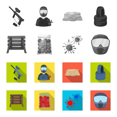 Ahşap barikat, koruyucu maske ve diğer aksesuarları. Tek renkli, düz stil vektör simge stok çizim web Paintball tek simge.