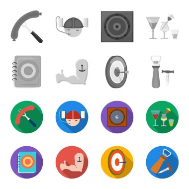 Menü, zırh dövme, Dart, tirbuşon ve açacağı ile. Pub toplama simgeler tek renkli, düz stil vektör simge stok çizim web ayarla..