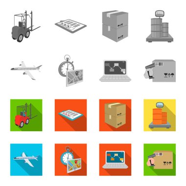 Nakliye uçakları, saat, bilgisayar muhasebe, denetim ve muhasebe malların teslim. Lojistik ve dağıtım tek renkli, düz stil izometrik vektör simge stok simgeler ayarla
