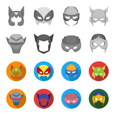Kask, maske kafasına. Maske süper kahraman tek renkli, düz stil vektör simge stok çizimde koleksiyon Icons set .