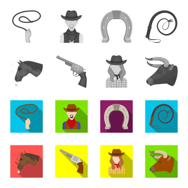 Hoofd van een paard, het hoofd van een stier, een revolver, een cowboy meisje. Rodeo instellen collectie iconen in zwart-wit, vlakke stijl vector symbool stock illustratie web. — Stockvector