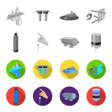 Arıtma, su, filtre, filtrasyon. Su filtrasyon sistemi toplama simgeler tek renkli, düz stil vektör simge stok çizim web ayarla..