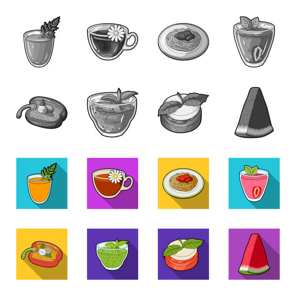 Sweet Bulgarian pepper, vitamin drink, jam with raspberry and mint leaves, a piece of watermelon. Vegetarian dishes set collection icons in monochrome,flat style vector symbol stock illustration web.