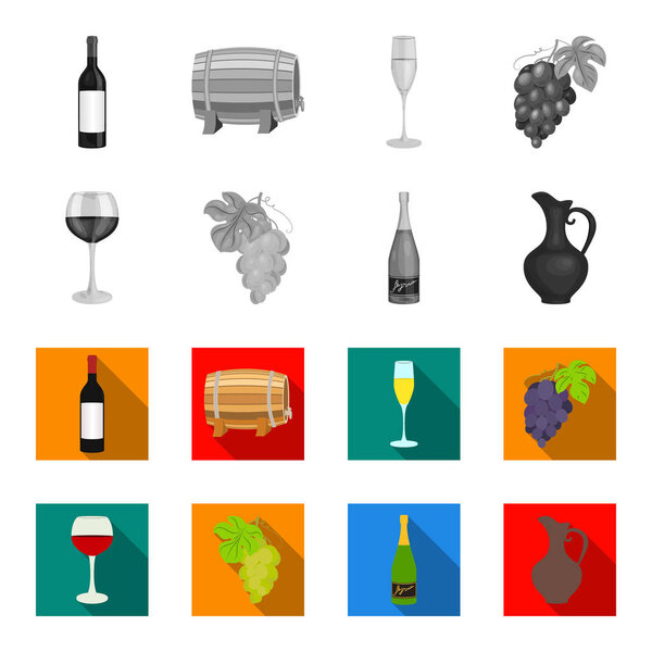 A glass of red wine, champagne, a jug of wine, a bunch. Wine production set collection icons in monochrome,flat style vector symbol stock illustration web.