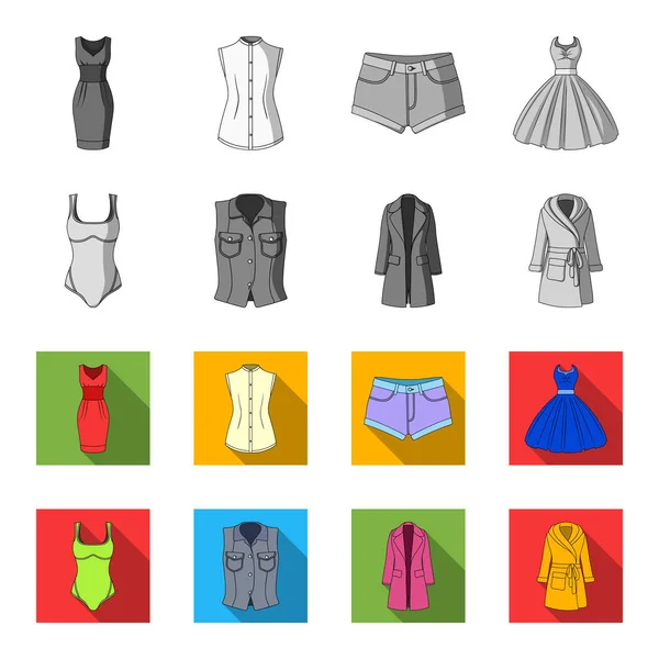 Γυναικεία ρούχα μονόχρωμη, επίπεδη εικονίδια στη συλλογή σετ για σχεδιασμό. Ποικιλίες ρούχα και αξεσουάρ σύμβολο μετοχής web εικονογράφηση διάνυσμα. — Διανυσματικό Αρχείο