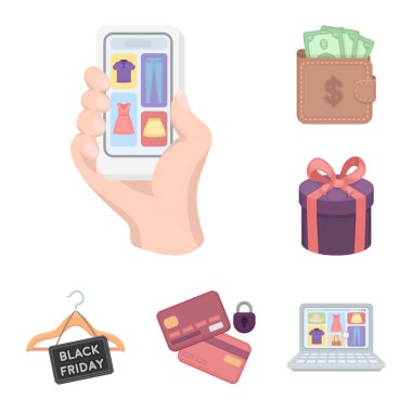 E-ticaret, satın alma ve satış set koleksiyonu tasarım için simgeleri karikatür. Ticaret ve Finans sembol stok web illüstrasyon vektör.