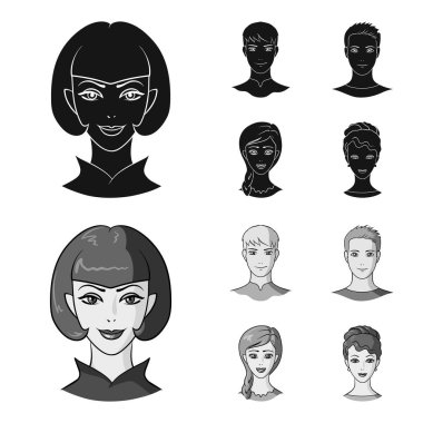 Gençlerin farklı görünüyor. Avatar ve yüz toplama simgeler siyah, tek renkli stil vektör simge stok çizim web ayarla.