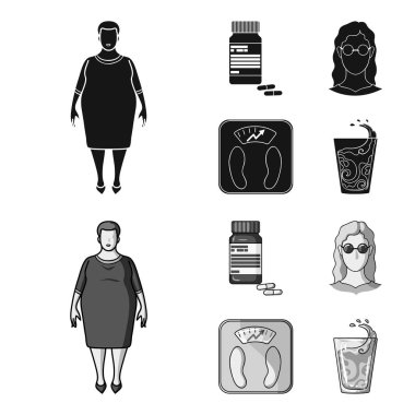 Tam kadın, gözlüklü bir kız, bir terazi ile mükemmel sonuç. Diabeth toplama simgeler siyah, tek renkli stil vektör simge stok çizim web içinde ayarla..