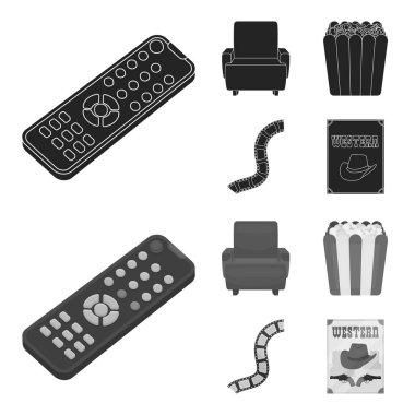 Kontrol paneli, bir koltuk için görüş, patlamış mısır. Filmler ve film toplama simgeler siyah, tek renkli stil vektör simge stok çizim web ayarla.