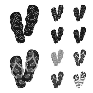 Parmak arası terlik siyah, tek renkli simgeler set koleksiyonu tasarım için. Beach ayakkabı sembol stok web illüstrasyon vektör.