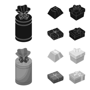 Fiyonklu hediye paketi hediye kutusu. Hediyeler ve sertifikaları toplama simgeler siyah, tek renkli stil vektör simge stok çizim web ayarla.