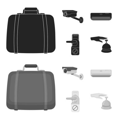 Bagaj, güvenlik kamerası, Klima, işareti rahatsız etmeyin. Otel toplama simgeler siyah, tek renkli stil vektör simge stok çizim web içinde ayarla..