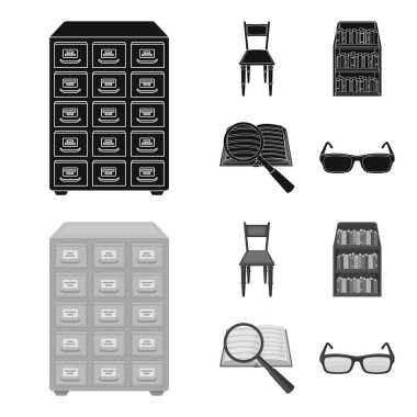 Dosya dolabı, sandalye, raflar kabine, bilgi arayın. Kütüphane ve kitap toplama simgeler siyah, tek renkli stil vektör simge stok çizim web ayarla.