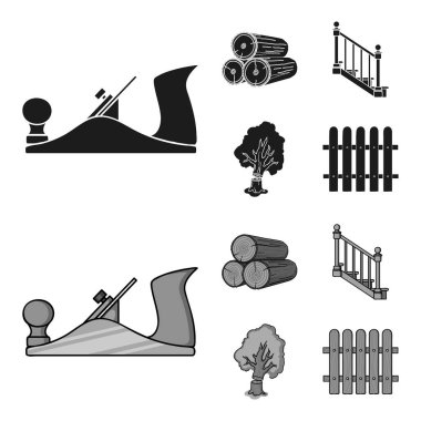 Bir yığın, uçak, ağaç, Merdiven küpeşte ile açar. Kereste ve ahşap toplama simgeler siyah, tek renkli stil vektör simge stok çizim web ayarla.