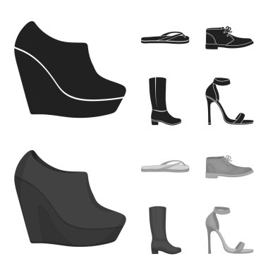 Bir yüksek platform, parmak arası terlik yeşil gevşeme, kumlu erkek sonbahar ayakkabı, kahverengi çizme için sonbahar siyah ayakkabılarla. Ayakkabı toplama simgeler siyah, tek renkli stil vektör simge stok şekilde ayarla.