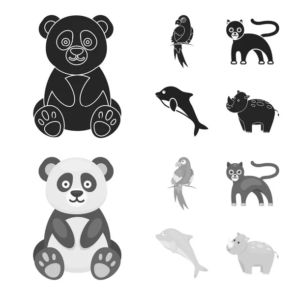 Panda.popugay, pantera, delfin.Animal conjunto de iconos de la colección en negro, el estilo monocromo vector símbolo stock illustration web . — Vector de stock