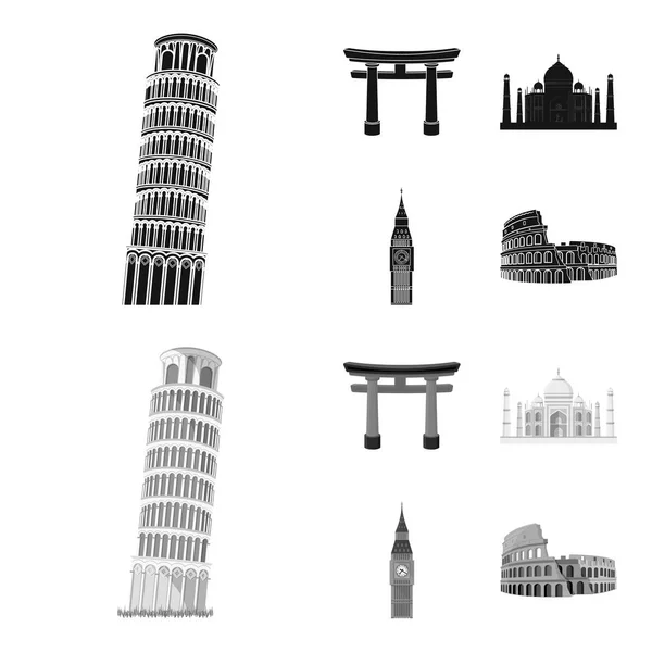 Bezienswaardigheden van verschillende landen zwart, zwart-wit pictogrammen in set collectie voor design. Beroemde gebouw symbool voorraad web illustratie vector. — Stockvector