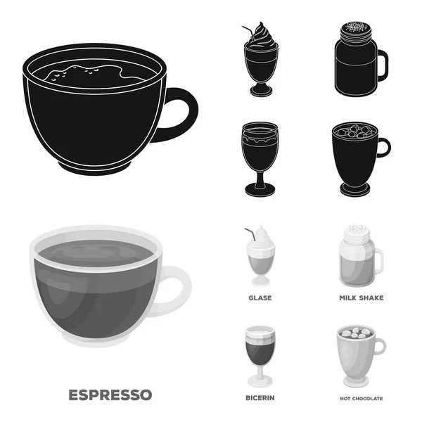 Esprecco, glase, 밀크 쉐이크, bicerin 블랙, 흑백 스타일 벡터 기호 재고 일러스트 웹에서 컬렉션 아이콘을 설정 하는 커피의 종류. — 스톡 벡터
