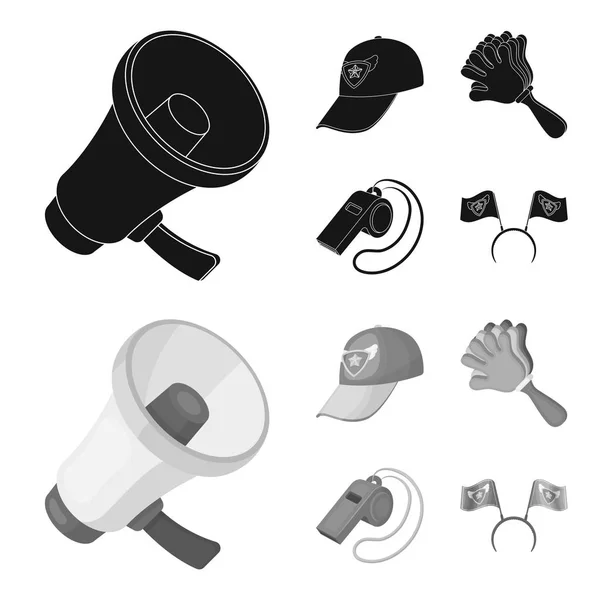 Megáfono, silbato y otros atributos de los fanáticos conjunto de iconos de la colección en negro, el estilo monocromo vector símbolo stock ilustración web . — Vector de stock