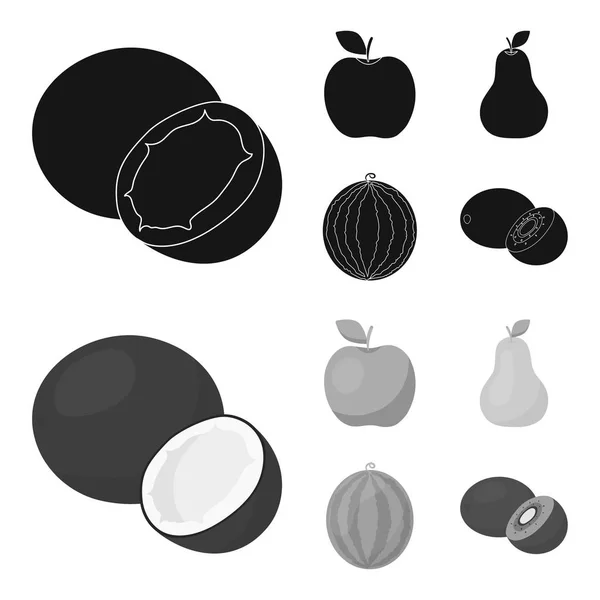 Coco, maçã, pêra, melancia. Conjunto de frutas ícones de coleção em preto, estilo monocromático símbolo vetorial ilustração web . — Vetor de Stock