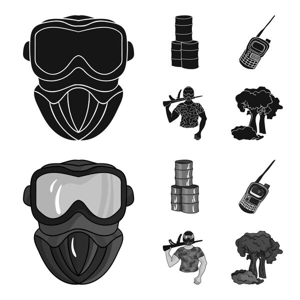 Equipment, mask, barrel, barricade .Paintball set collection icons in black,monochrome style vector symbol stock illustration web.