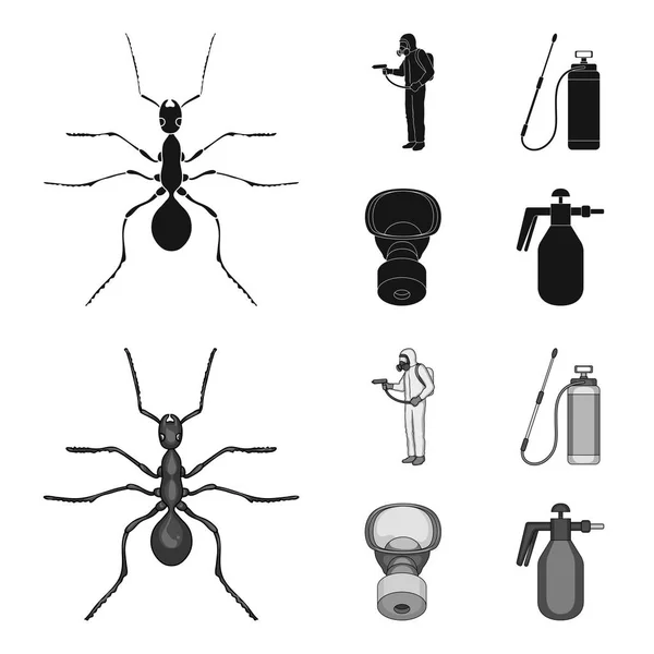 蚂蚁, 工作人员在工作服和设备黑色, 单色图标在集合中进行设计。害虫控制服务矢量符号股票 web 插图. — 图库矢量图片