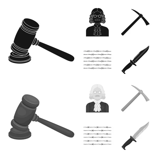Judge, wooden hammer, barbed wire, pickaxe. Prison set collection icons in black,monochrome style vector symbol stock illustration web. — Stock Vector