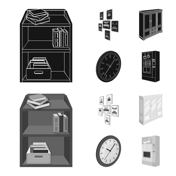 Cabinet, étagères avec livres et documents, cadres sur le mur, horloges rondes. Ensemble intérieur de bureau icônes de collection en noir, style monochrome vectoriel isométrique symbole illustration web . — Image vectorielle