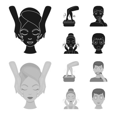 Yüz masajı, ayak banyosu, tıraş, yüz yıkama. Cilt Bakımı toplama simgeler siyah, tek renkli stil vektör simge stok çizim web içinde ayarla..