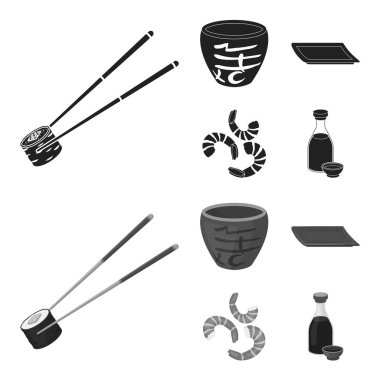 Sopa, karides, substrat, kase. Suşi toplama simgeler siyah, tek renkli stil vektör simge stok çizim web içinde ayarla..
