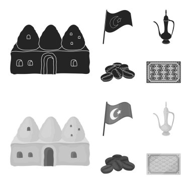 Evden kovan, ulusal bayrak, kahve pot bakır, kahve tahıllar. Türkiye'nin toplama simgeler siyah, tek renkli stil vektör simge stok çizim web içinde ayarla..