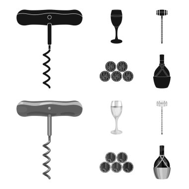 Tirbuşon, alkol sayaç, kasanın bir kadeh beyaz şarap varil. Şarap üretimi toplama simgeler siyah, tek renkli stil vektör simge stok çizim web içinde ayarla..