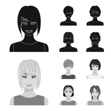 Set koleksiyonu tasarım için kadın saç modelleri siyah, tek renkli simgeler türleri. Bir kadın vektör simge stok web illüstrasyon görünümünü.