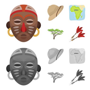 Mantar şapka, Dart, savannah ağaç, bölge haritası. Afrika safari toplama simgeler çizgi film, tek renkli stil vektör simge stok çizim web ayarla..