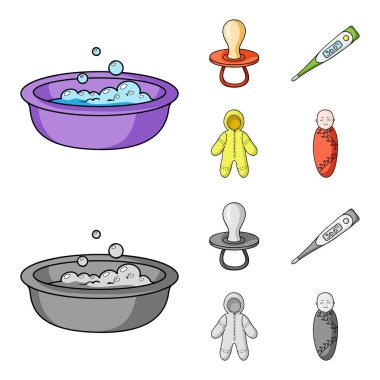 Emzik, elektronik termometre, Çocuk tulumları, çocuk bezi. Çizgi film, tek renkli stil vektör simge stok çizim web içinde doğan bebek set simgeler.