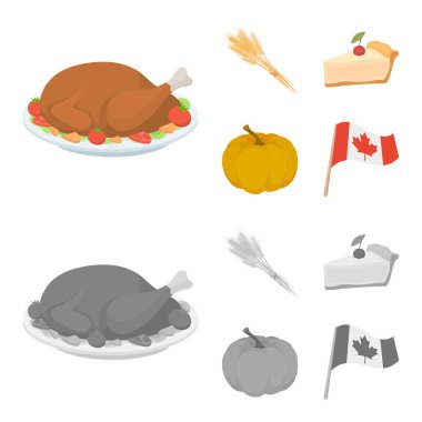 Spike buğday, bir dilim pasta ile kızılcık, kabak, ulusal bayrak. Kanada Şükran günü toplama simgeler çizgi film, tek renkli stil vektör simge stok çizim web ayarla..