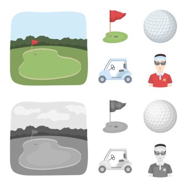 Alan bir delik ve bir bayrak, bir golf topu, bir golfçü, bir elektrikli golf arabası ile. Golf Kulübü çizgi film, tek renkli stil vektör simge stok çizim web simgeler ayarla.