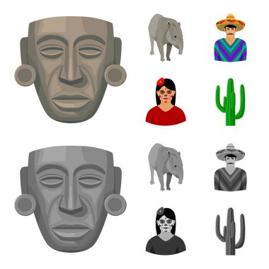 Tapir Meksika hayvan, panço, bir çiçek, bir kaktüs bir kadınla Ulusal giysileri içinde bir Meksikalı. Meksika ülke toplama simgeler çizgi film, tek renkli stil vektör simge stok çizim web ayarla..