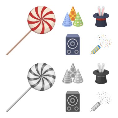 Hileci, müzik ve diğer aksesuarlar partide. Parti ve partits çizgi film, tek renkli stil vektör simge stok çizim web simgeler ayarla.